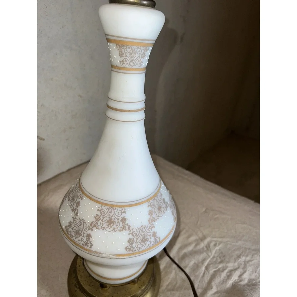 Vintage Leviton Porcelain Lamp Brass Patina White Gold Floral Glamour Style